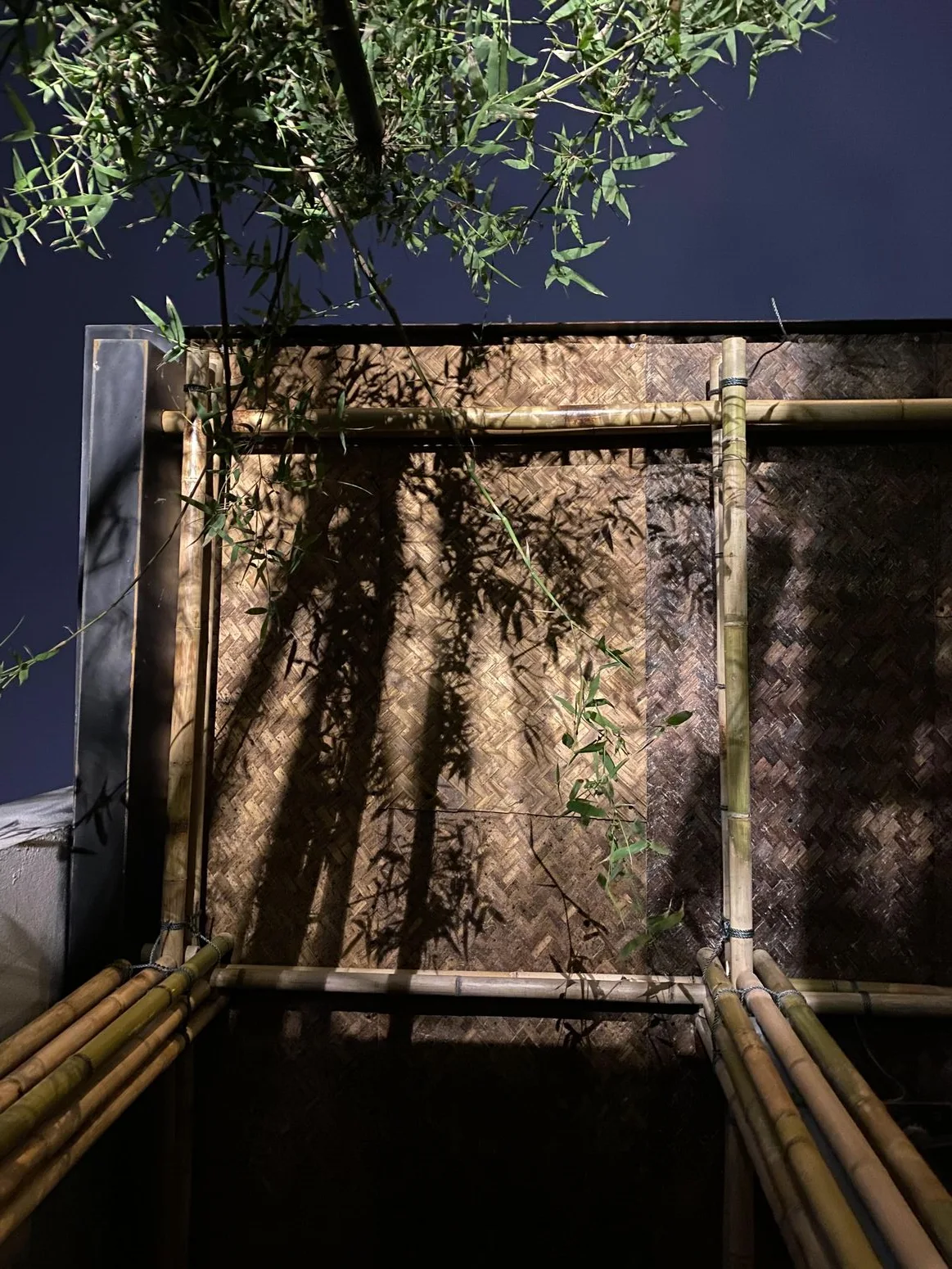 Woven bamboo ceiling — light filtering through each slat
