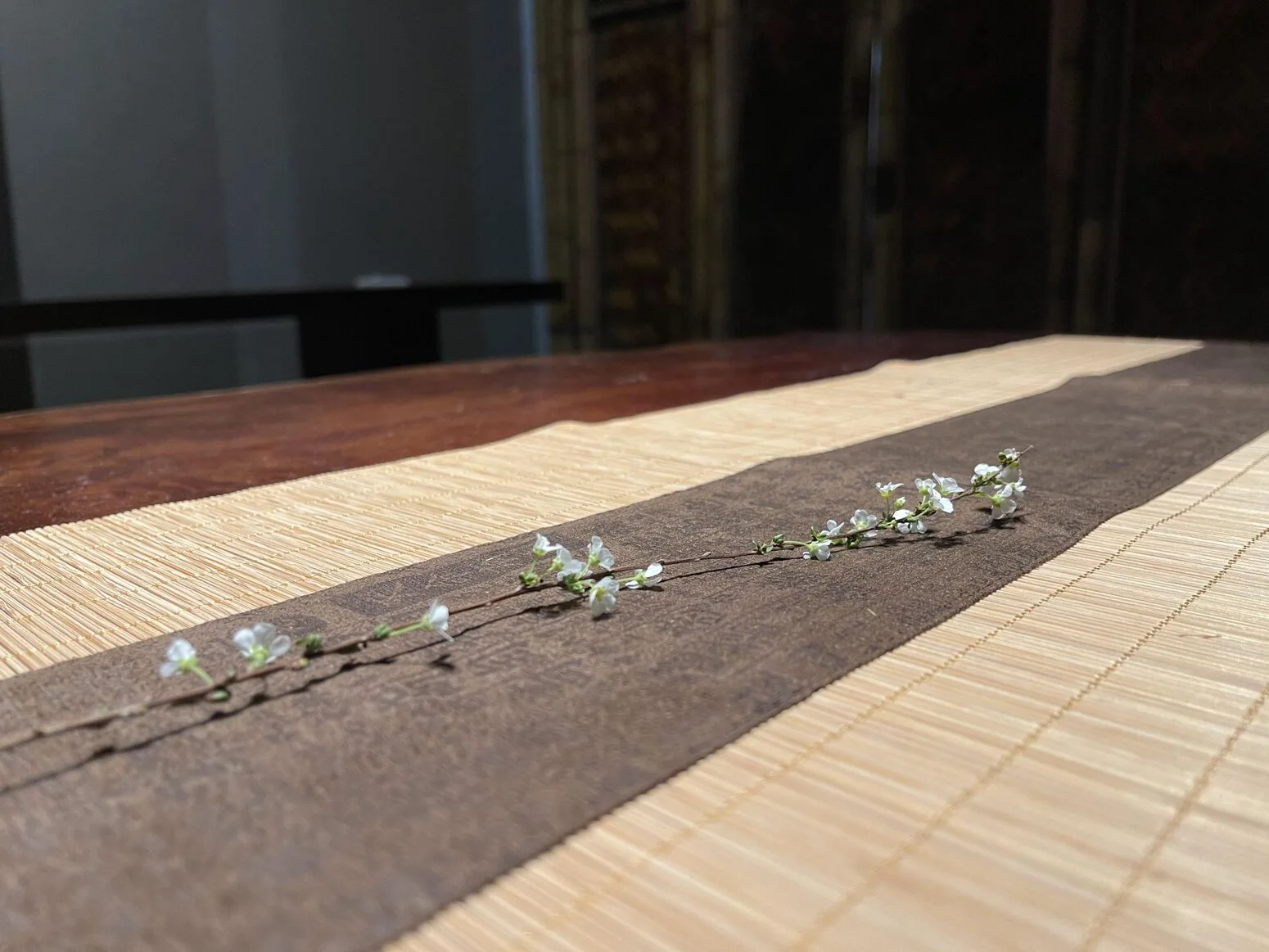 Flowers on a wooden table under soft light