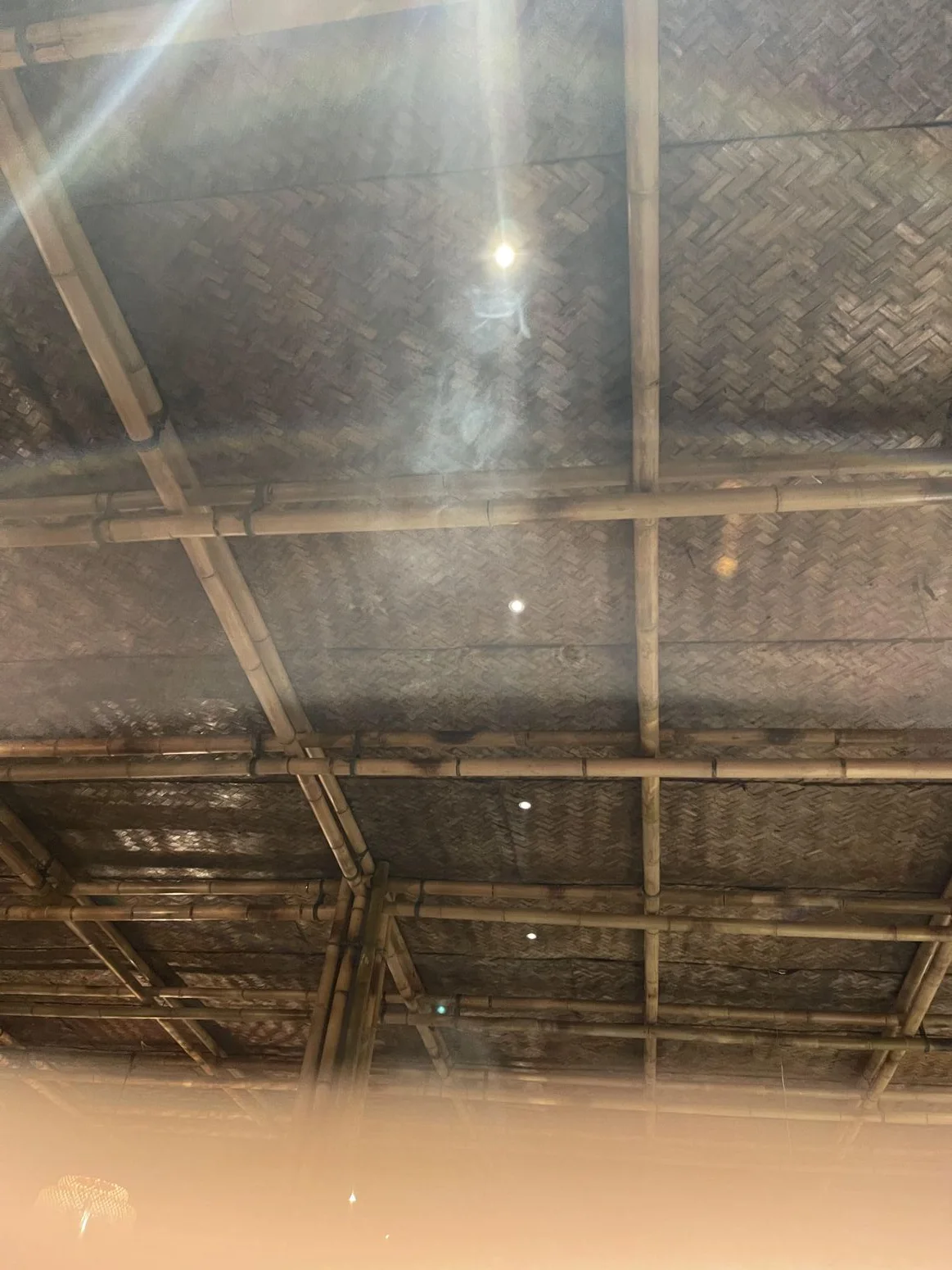 A bamboo–glass wall catching light, creating depth