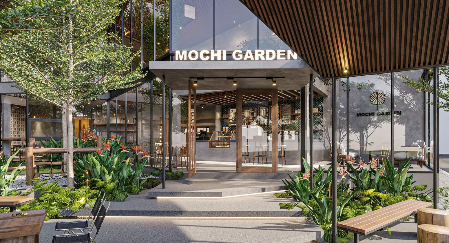 Mochi Garden façade — signage among the greenery