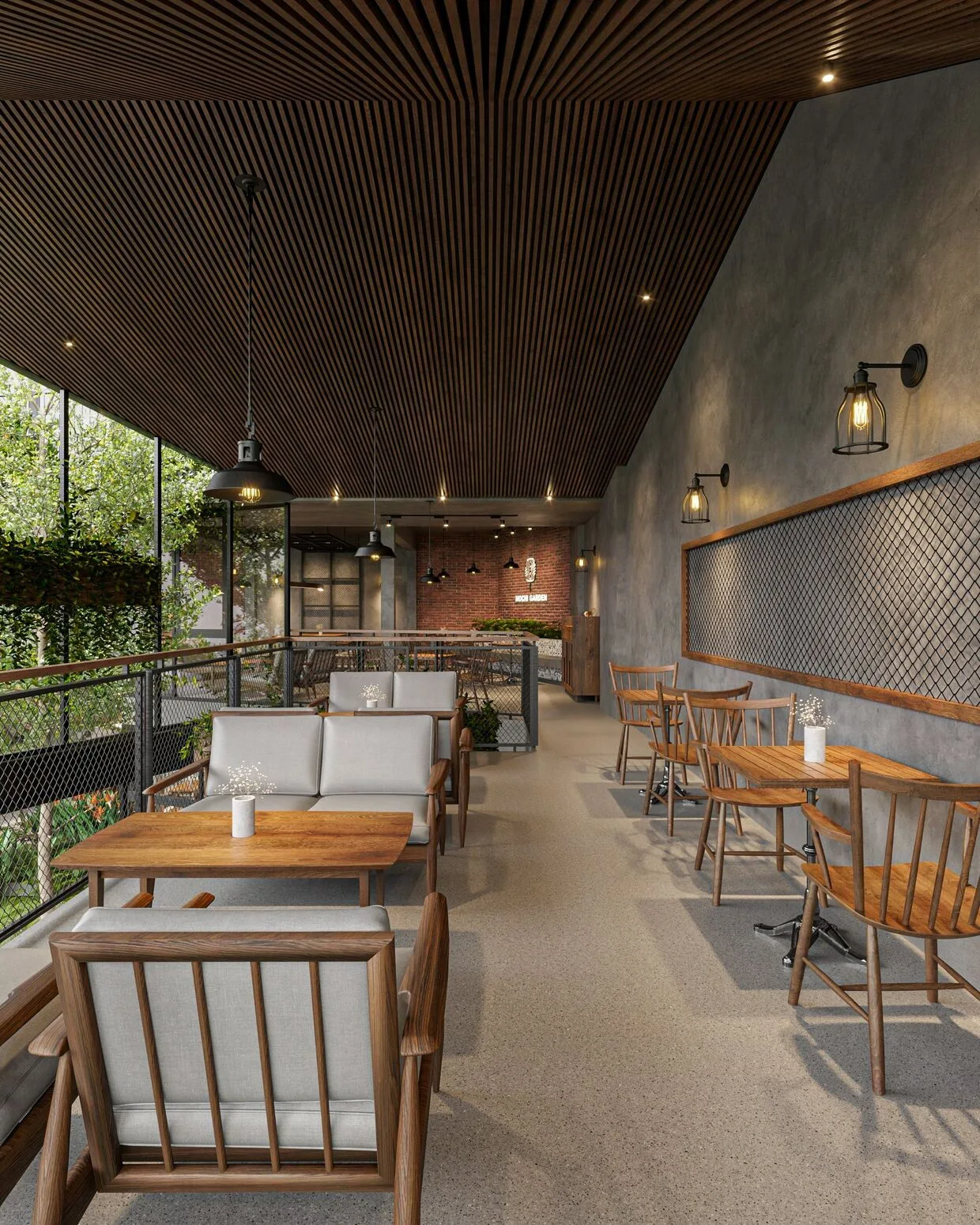 Indoor seating — wall lights and wooden tables