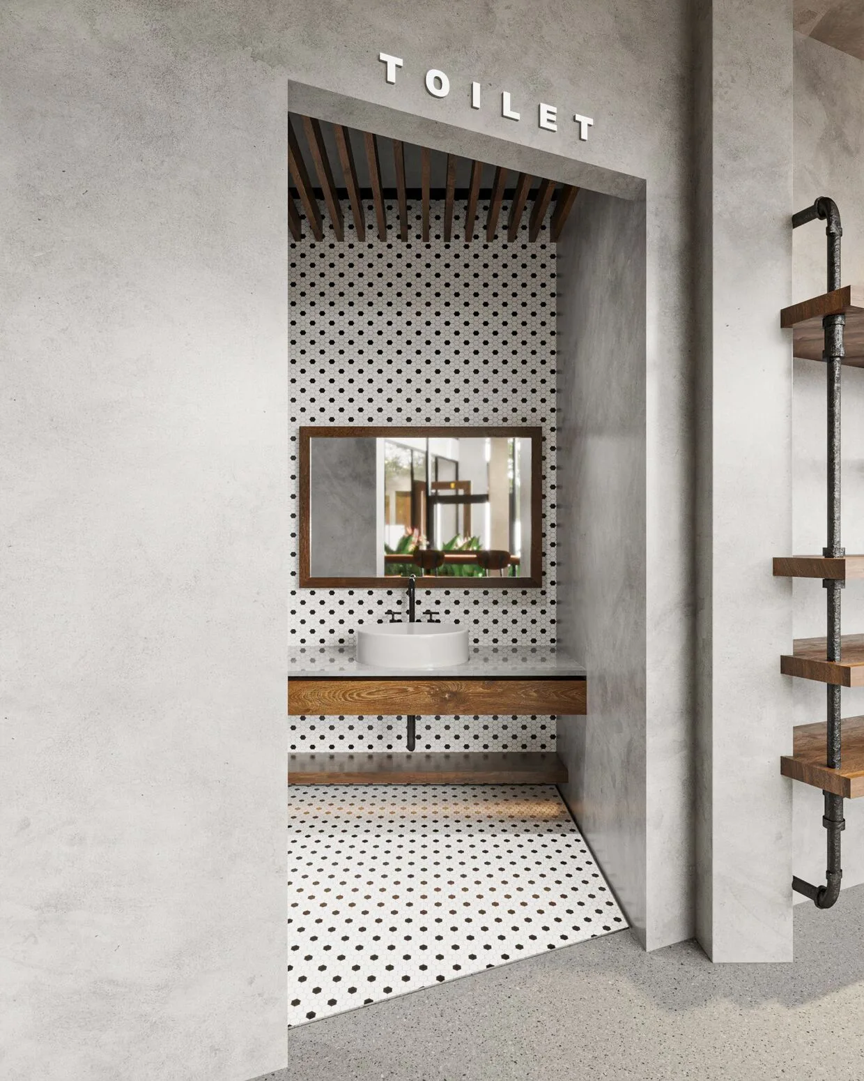 Detail of encaustic-tile wall and mirror