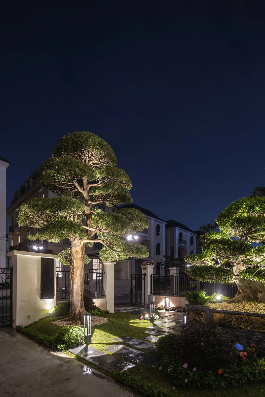 Ornamental trees and a water path leading in