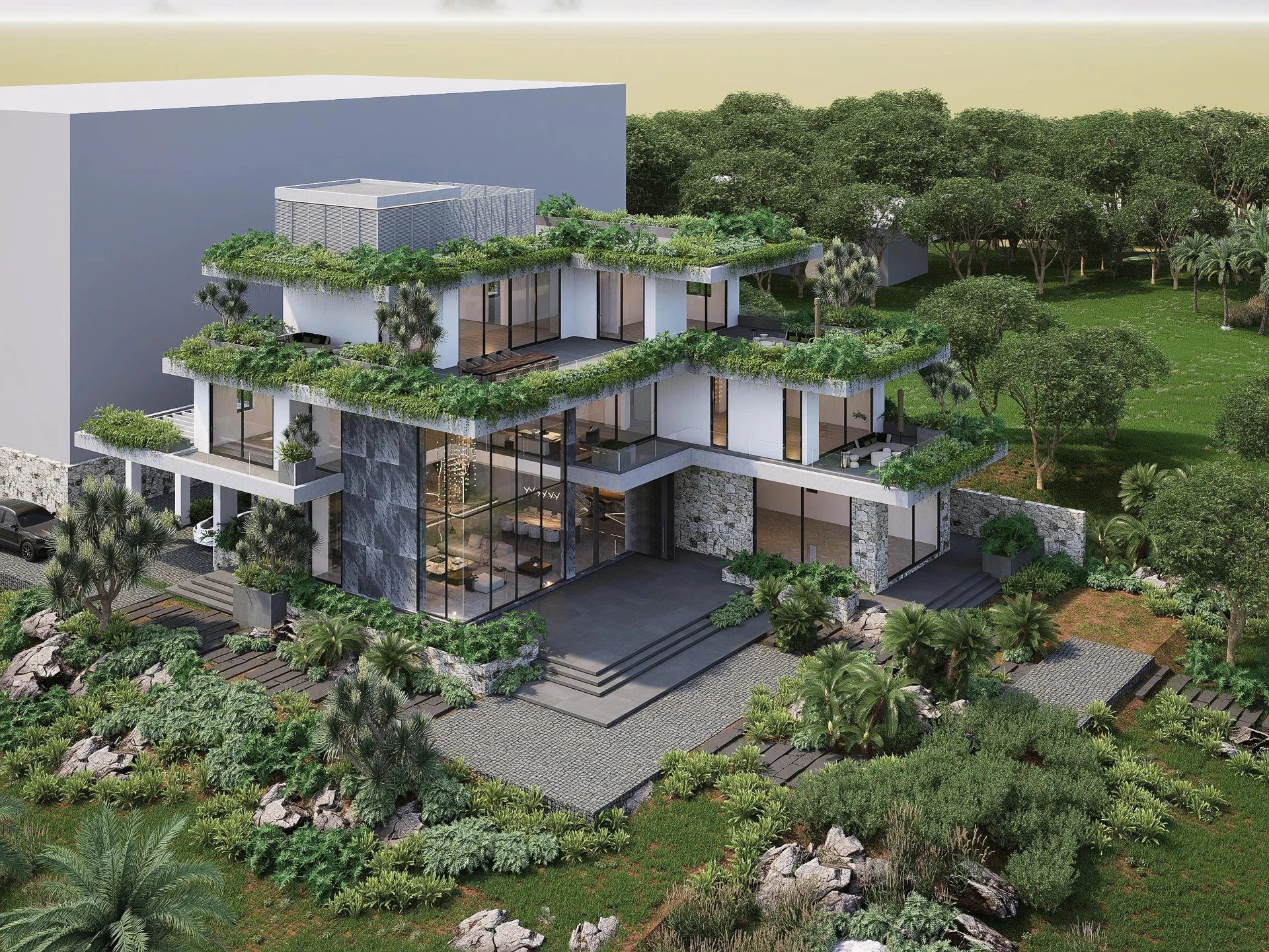 Villa overview and planted terraces — QD VILLAR rendering