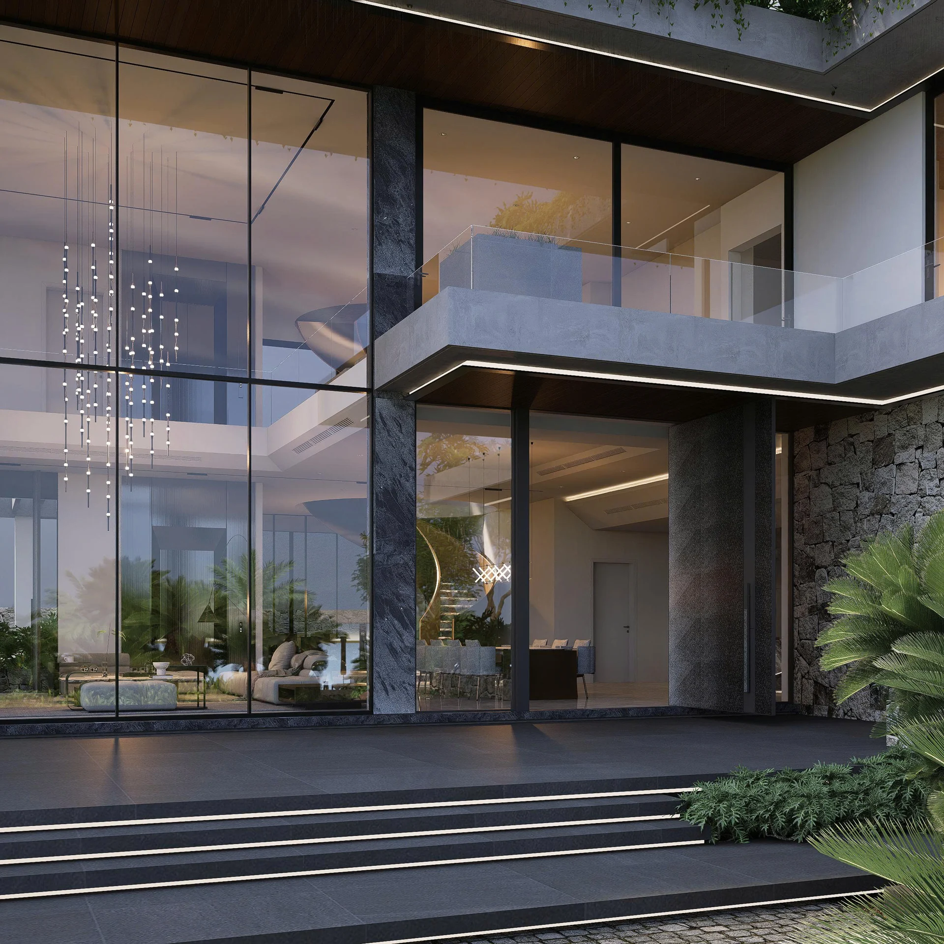 Phối cảnh ánh sáng nội thất nhìn qua mặt kính — QD VILLAR