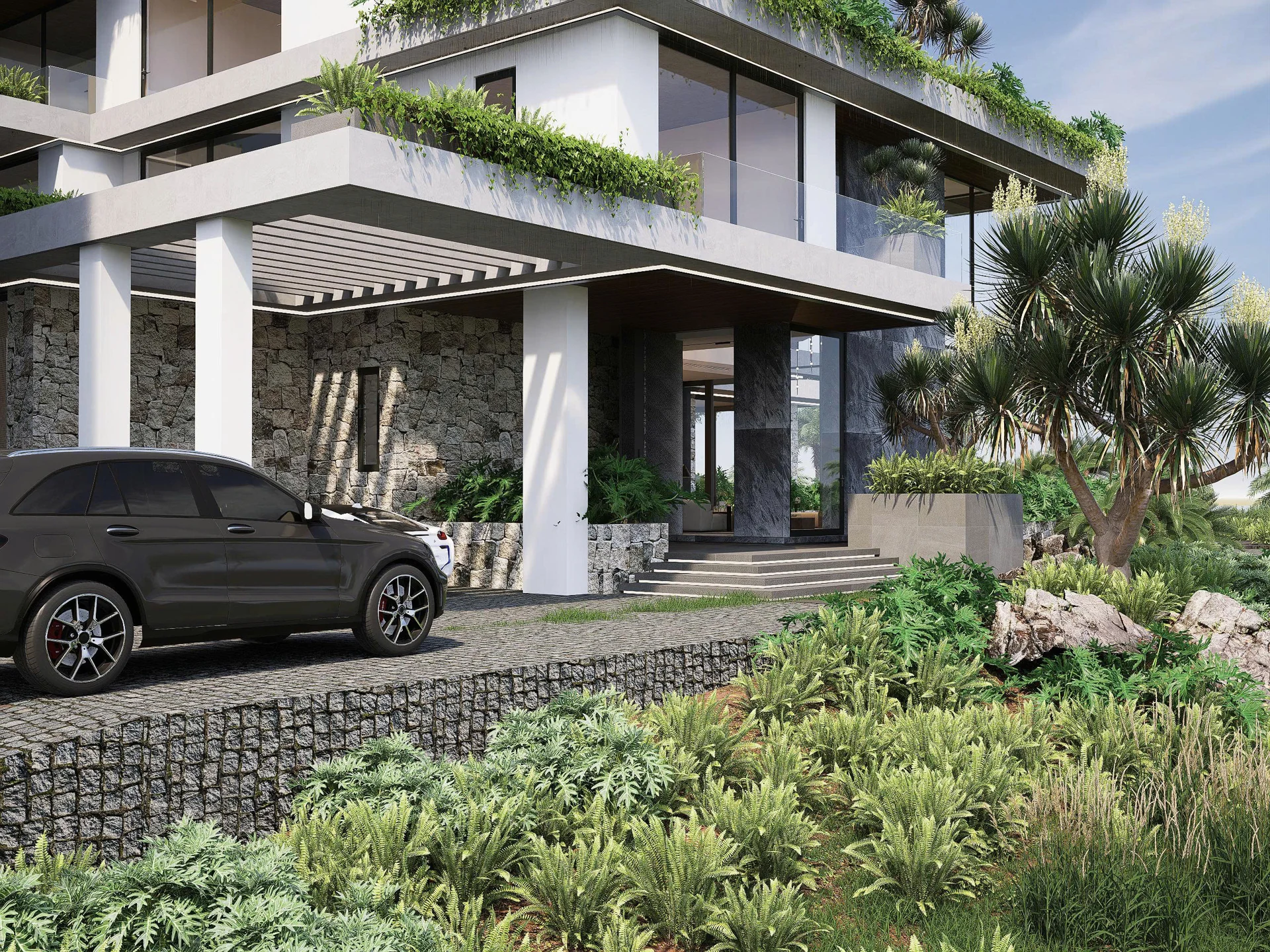 Phối cảnh lối đón và mái che — QD VILLAR