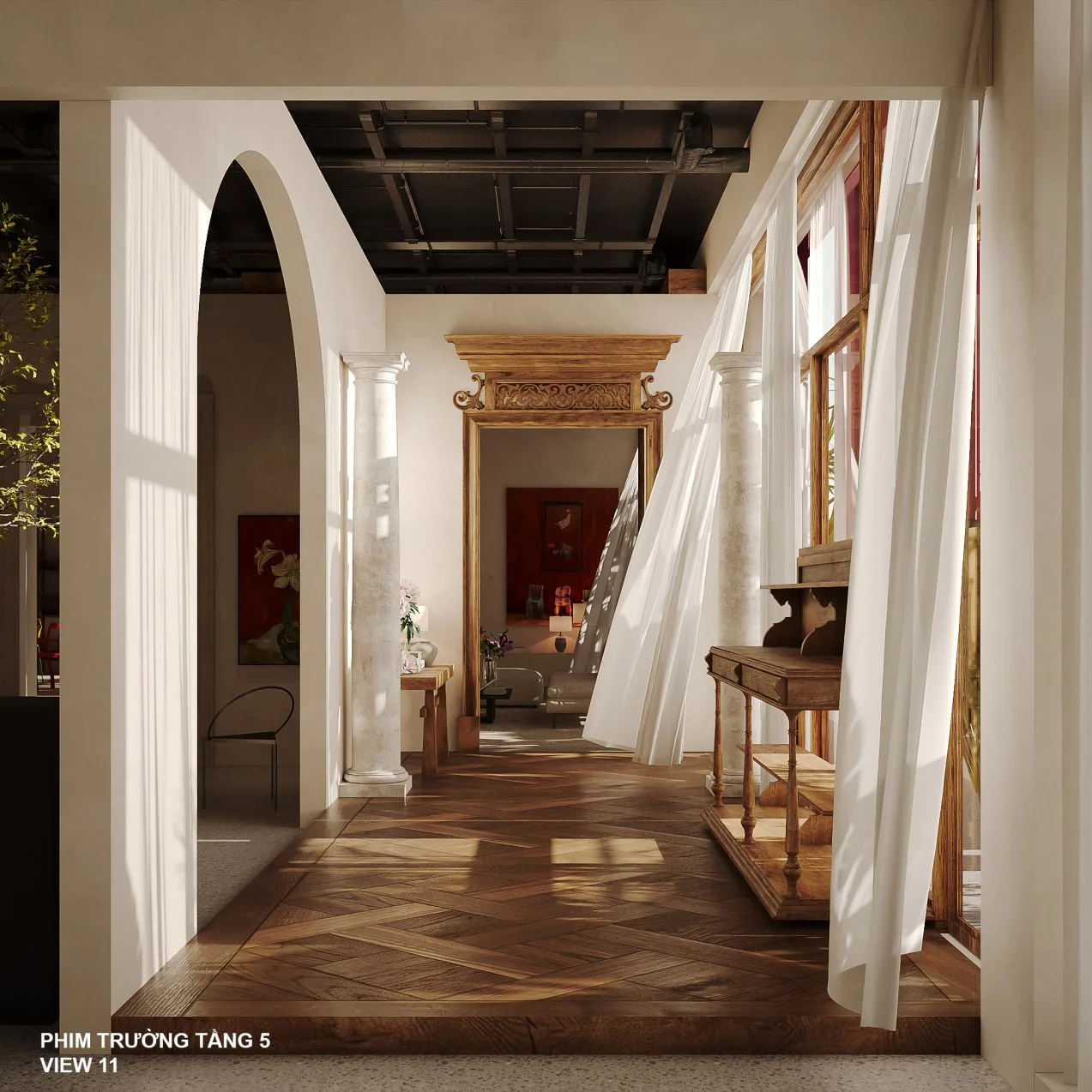 Nhịp chuyển tiếp dọc hành lang — Phối cảnh 3D THOONG STUDIO