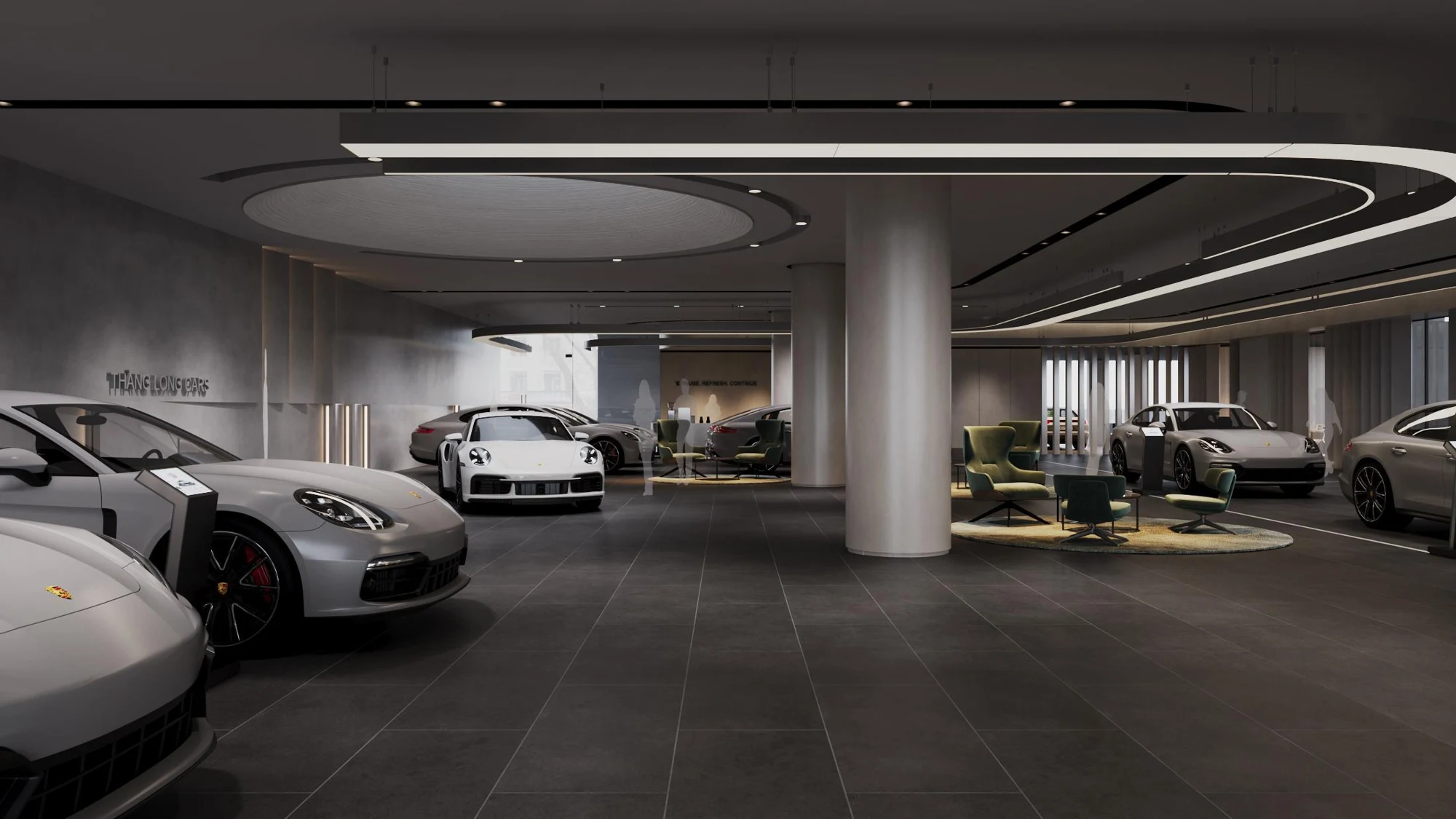 Đường sáng trên trần khu trưng bày showroom Thăng Long Cars