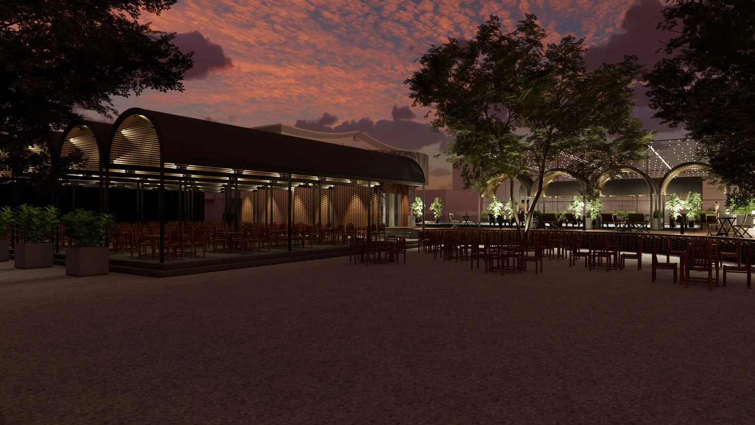 The outdoor restaurant lit at dusk