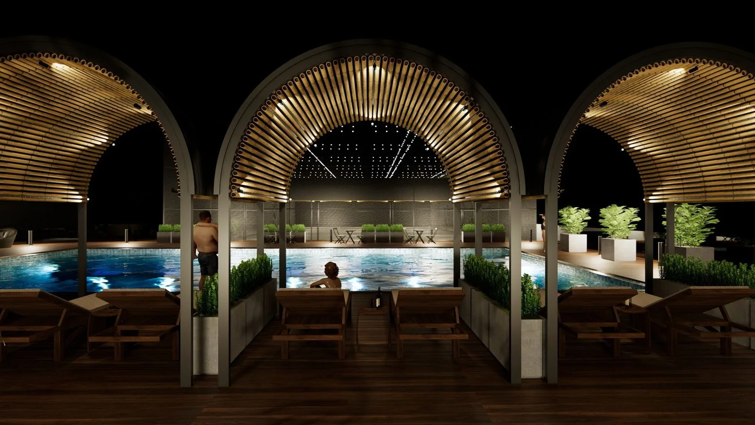 Cabana vòm lên đèn soi bóng xuống hồ