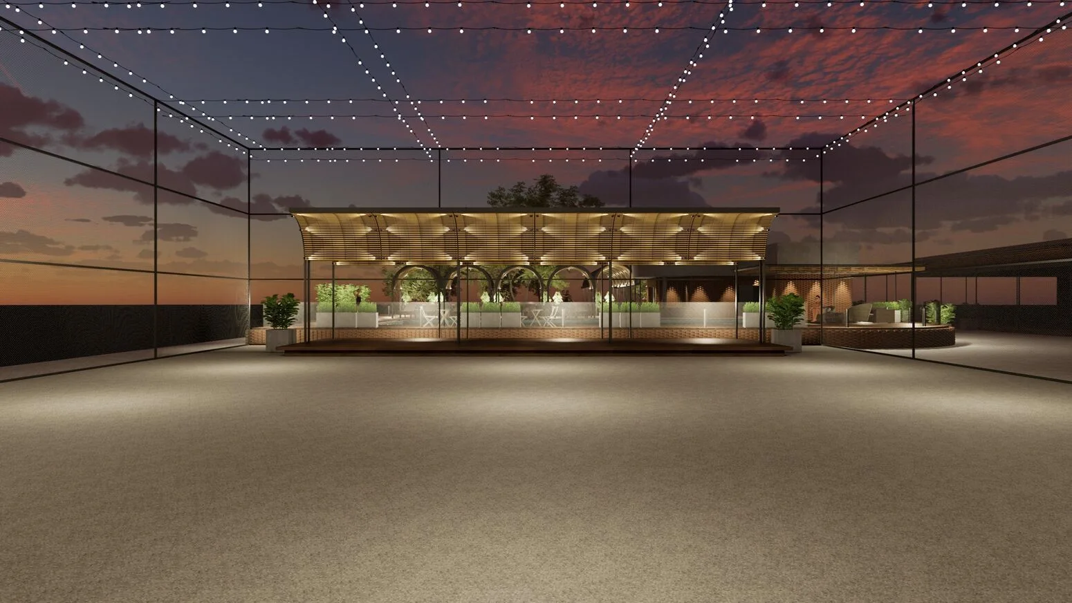 The terrace lit at night