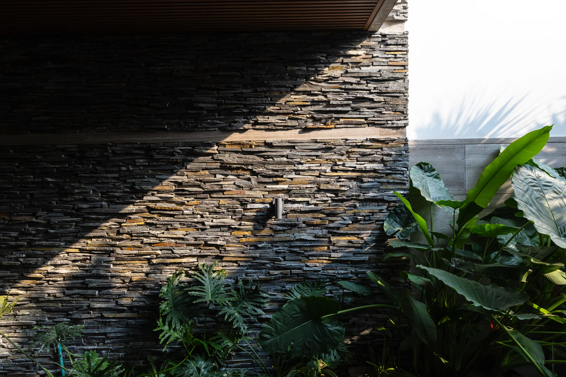 Nắng trên tường đá và cây xanh — Villa 44