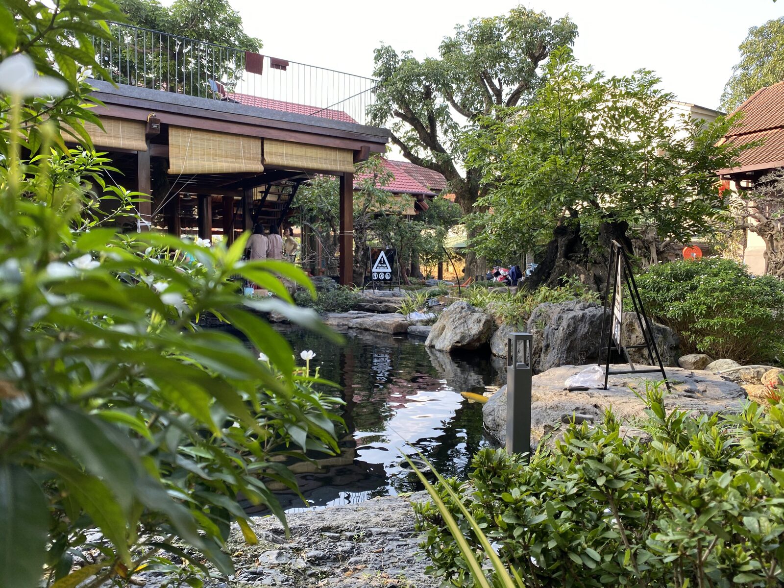 Chòi nghỉ bên hồ koi — ánh sáng ban ngày
