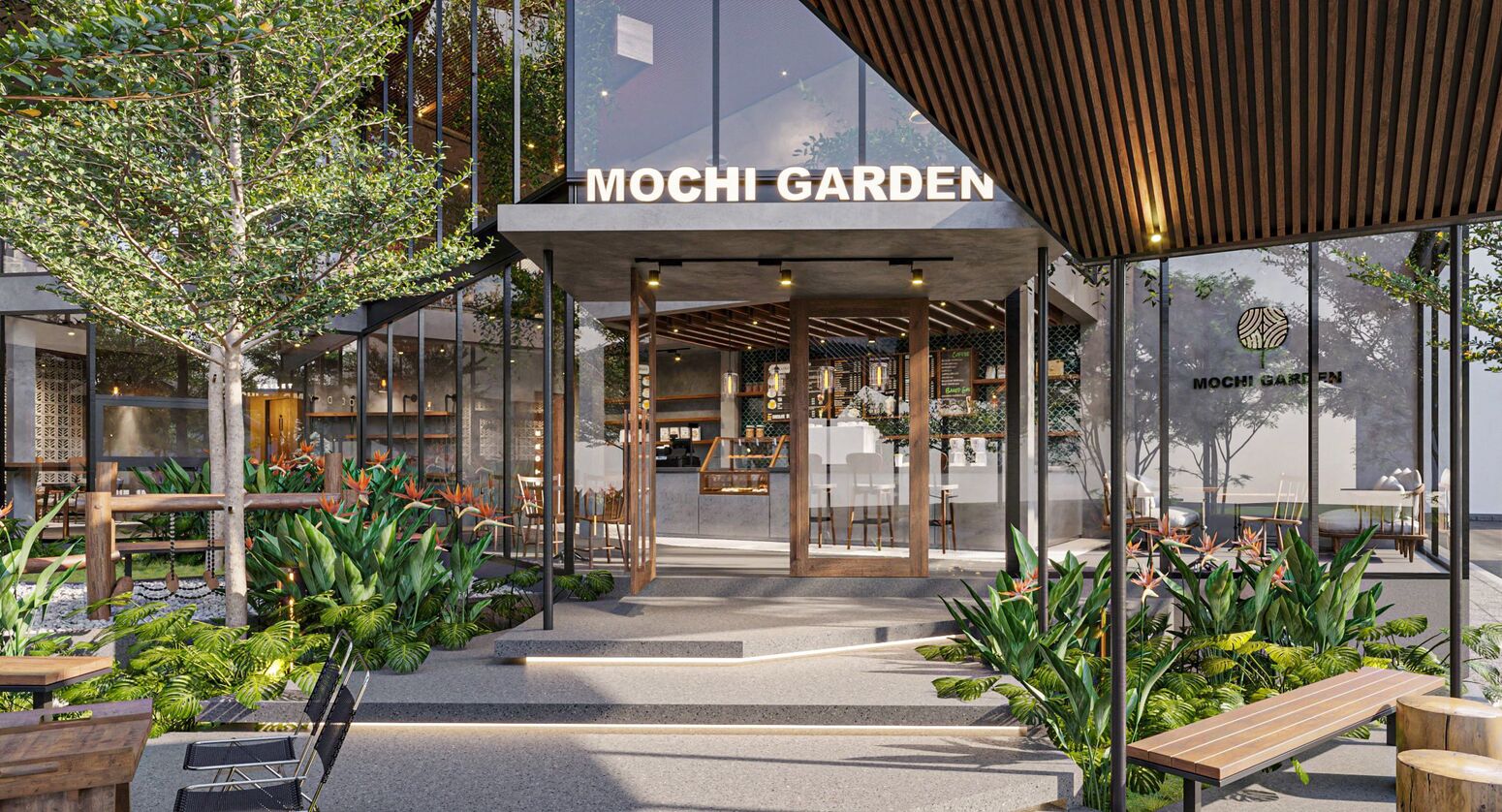 Mặt tiền Mochi Garden — biển hiệu giữa mảng xanh
