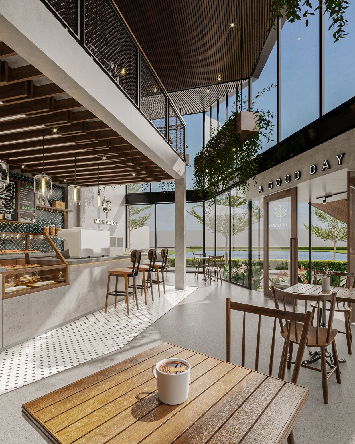 Quầy bar dưới trần gỗ nan