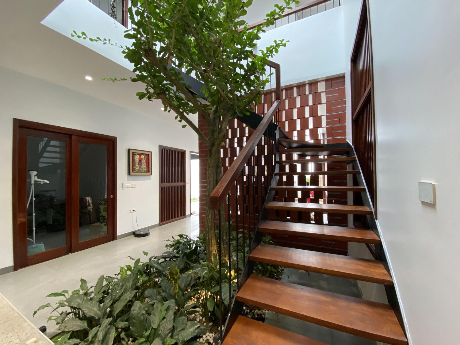 Cầu thang gỗ ôm lấy cây xanh giữa nhà