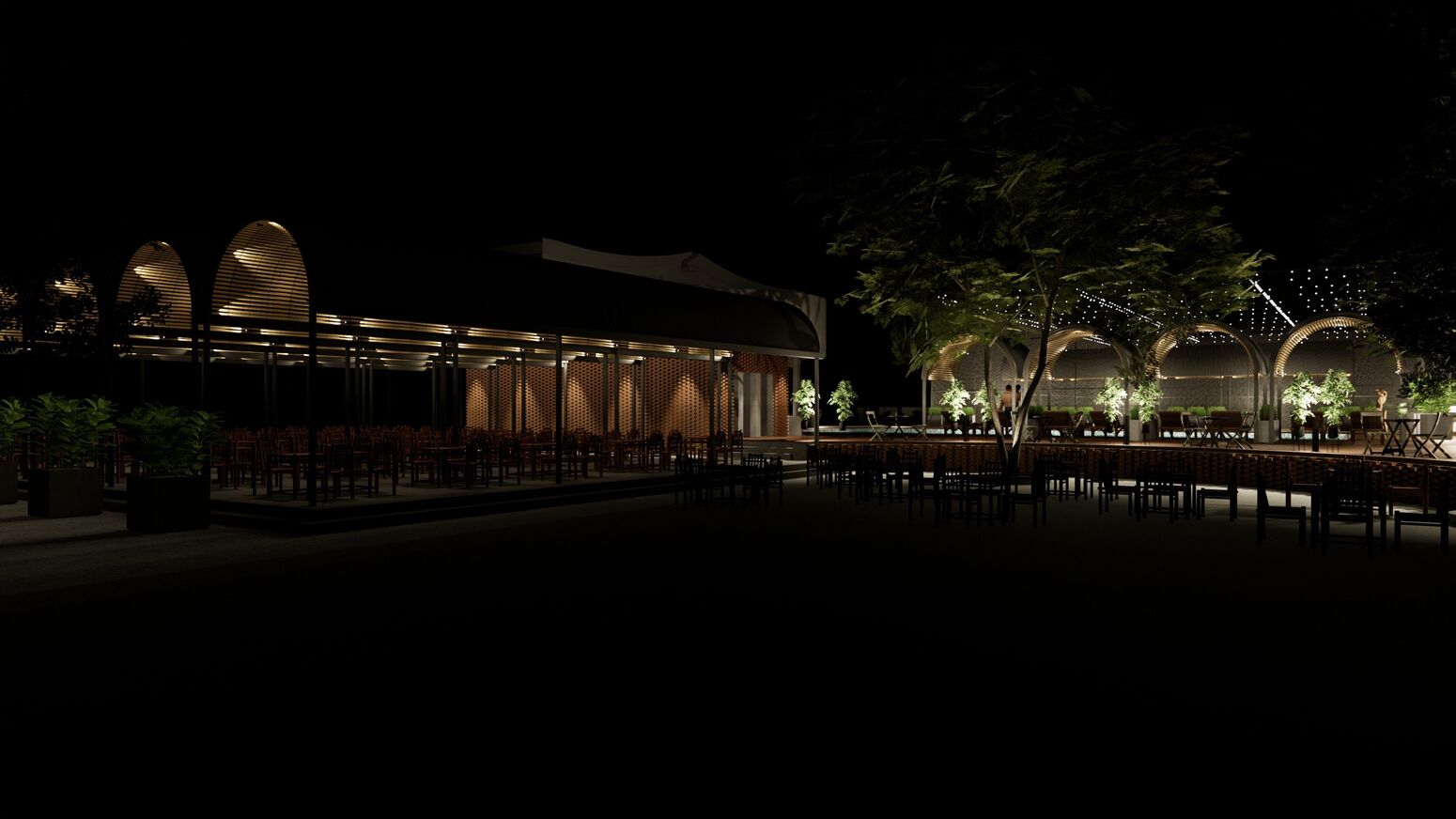 Dãy pavilion ăn uống sáng đèn trong đêm