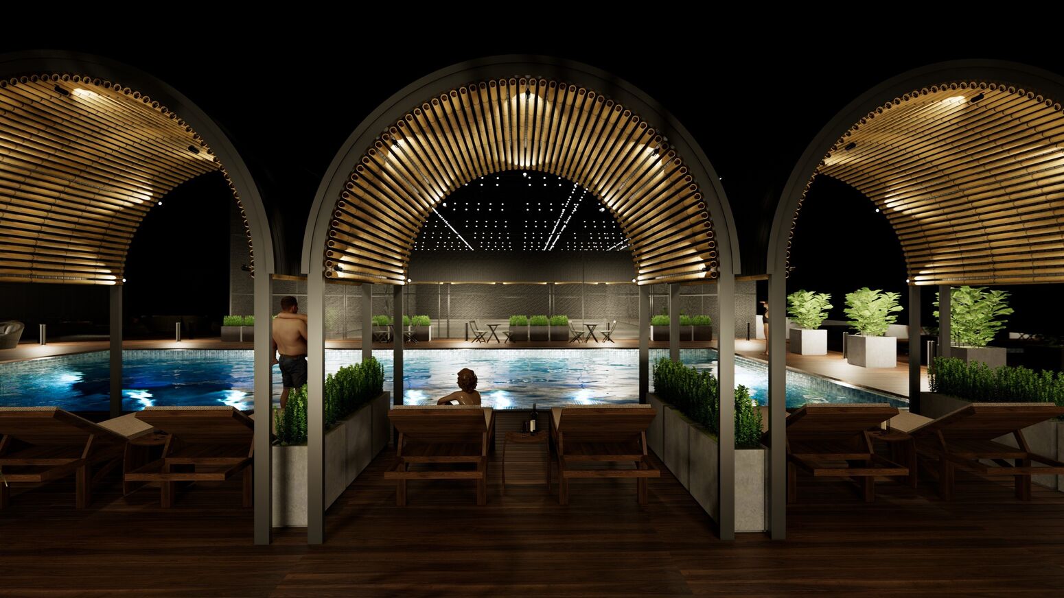 Cabana vòm lên đèn soi bóng xuống hồ