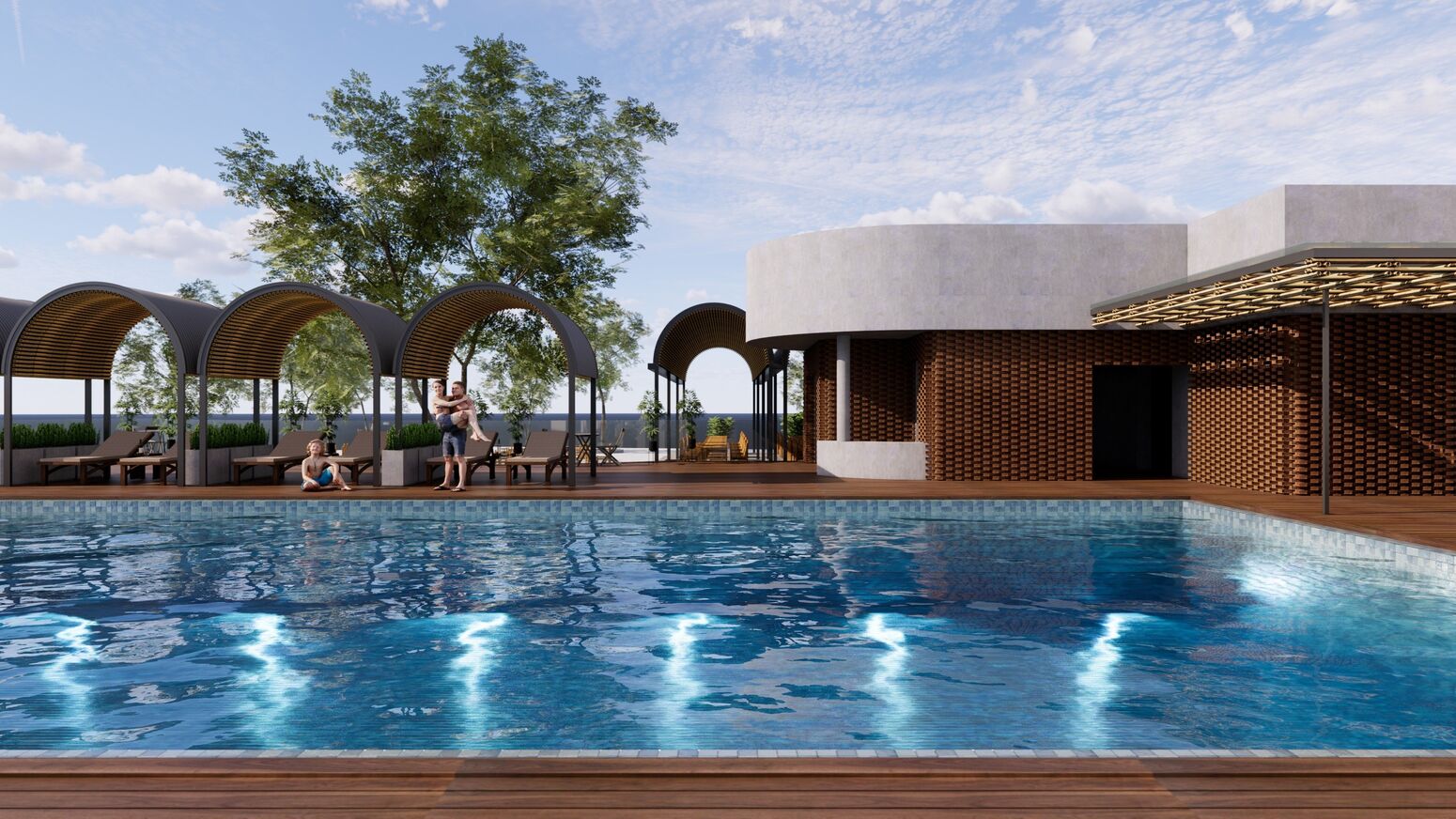 Bể bơi và pavilion vòm nhìn ra xa